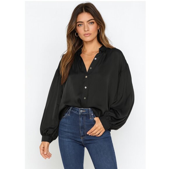 Vintage 70s The Silk Farm Korea Blouse Top Black Puff Sleeves Oversized size 6 - Picture 1 of 10